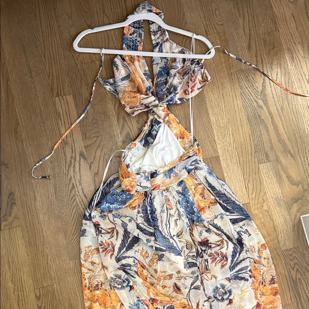 Luxxel White Floral Halter Maxi Dress with Orange & Navy Accents - Picture 4 of 5